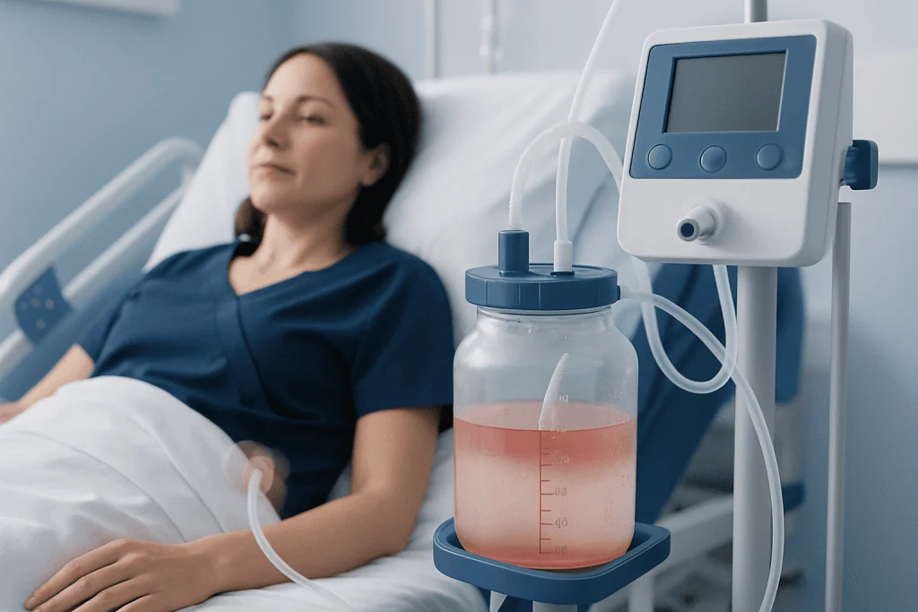 Patient in hospital bed connected to medical drainage equipment.