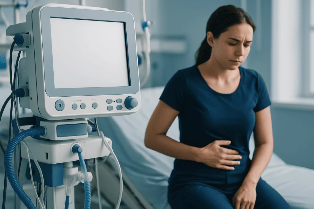 Young woman experiencing stomach pain in hospital bed with medical monitor nearby.
