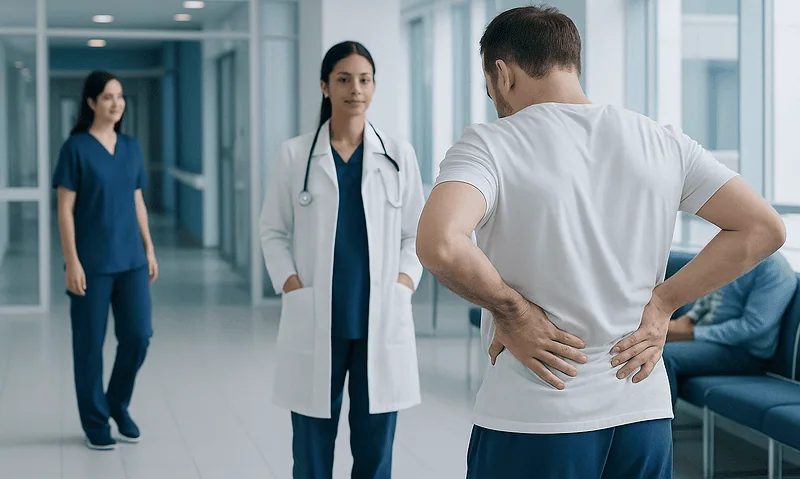 Patient experiencing lower back pain in a hospital corridor.