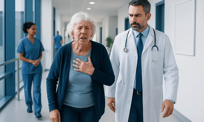Elderly woman experiencing shortness of breath with doctor in hospital corridor.