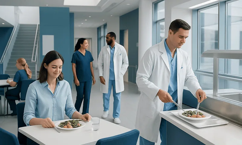 Doctors and patients in a hospital cafeteria with healthy meals.