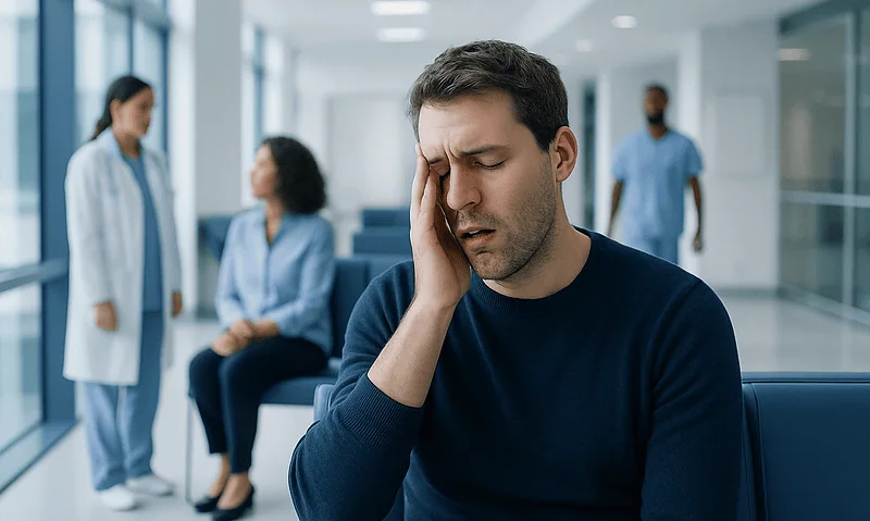 Man experiencing headache in hospital waiting area with medical staff nearby.