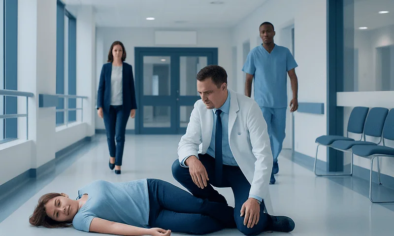 Medical emergency with a woman lying on the hospital floor and healthcare professionals attending.