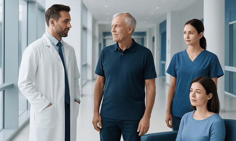 Medical team consulting with a patient in a hospital corridor.
