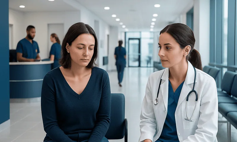 Patient consulting with doctor in hospital waiting area.