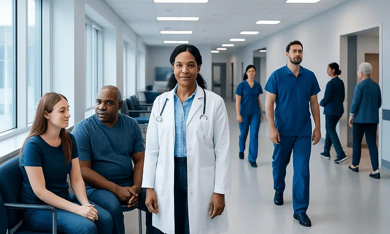 Diverse medical team in hospital corridor at Acibadem Hospitals Group.