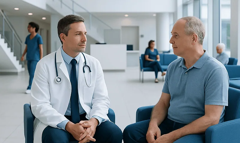 Doctor consulting with a patient in a modern hospital lobby.
