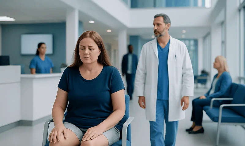 Patient experiencing leg heaviness in a hospital waiting area.