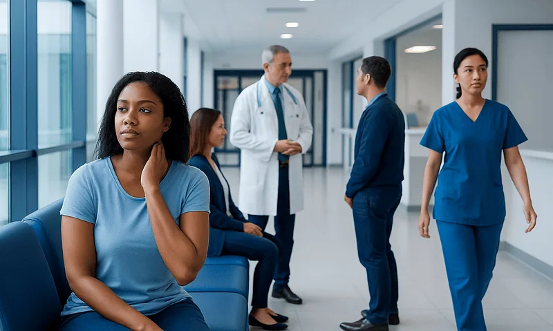Patients waiting and medical staff in a hospital corridor.