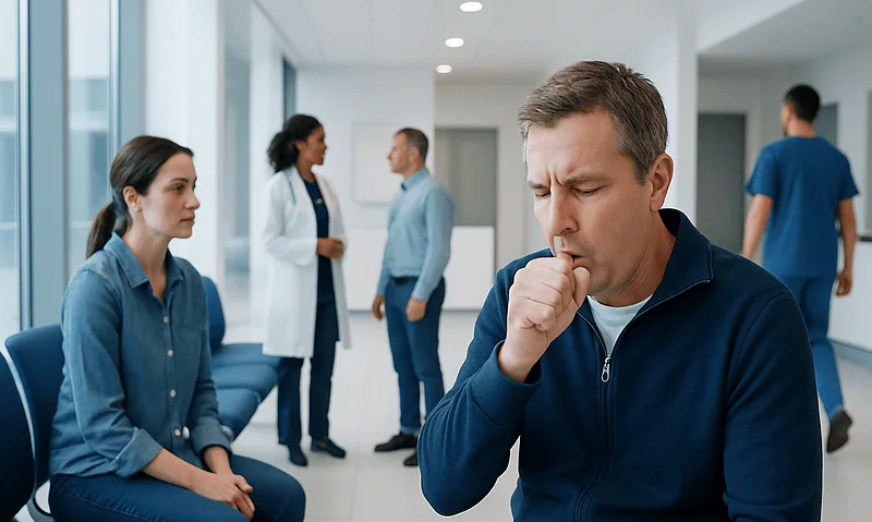 Man coughing in a hospital waiting area with medical staff and patients.
