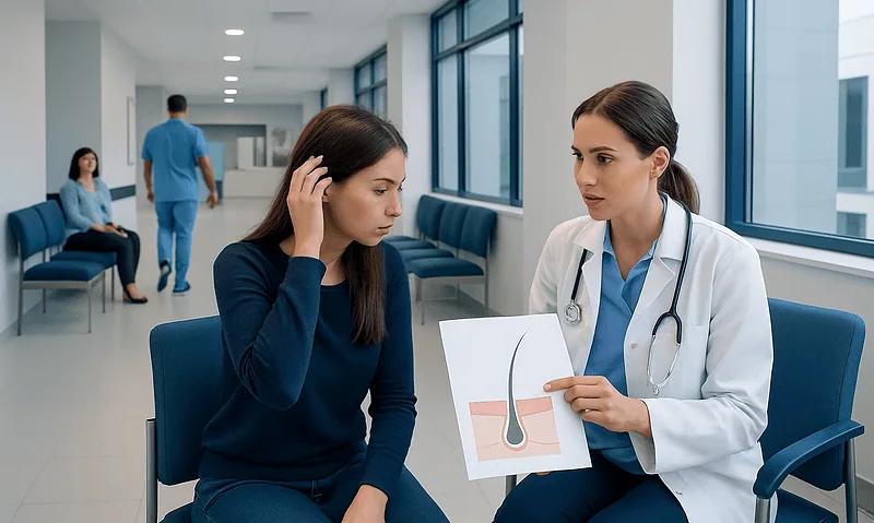 Doctor explaining hair follicle diagram to patient in clinic.