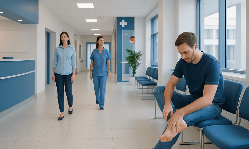 Patient with foot itching waiting in hospital corridor at Acibadem Hospitals.