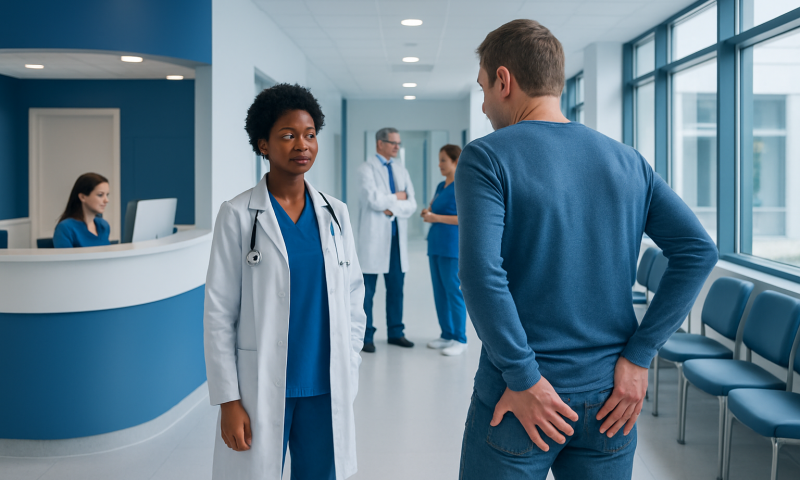 Doctor and patient discussing in hospital corridor at Acibadem Hospitals Group.