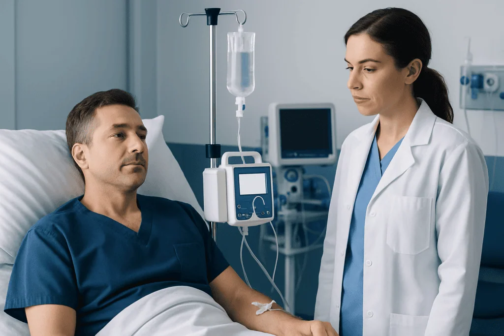 Hospital patient receiving IV treatment in a clinical setting.