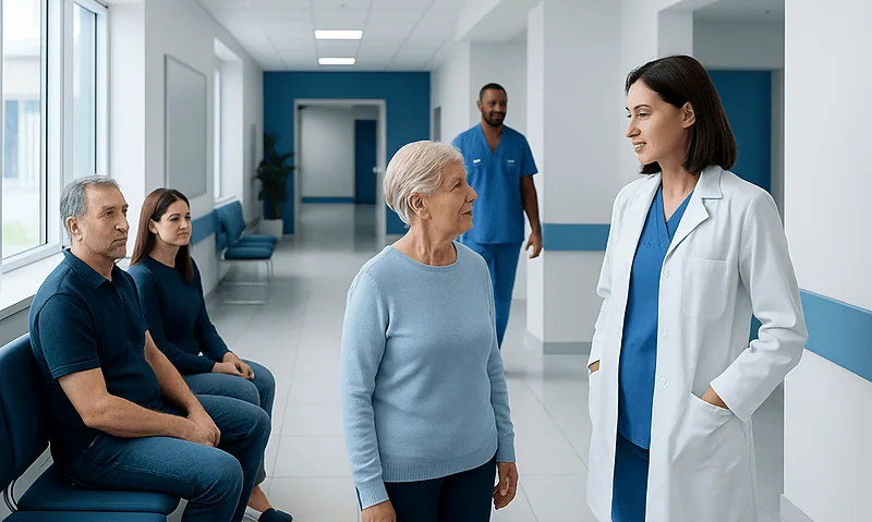 Healthcare professional consulting elderly patient in hospital corridor.