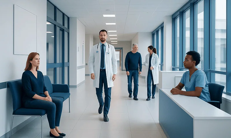 Medical professionals and patients in a modern hospital corridor.