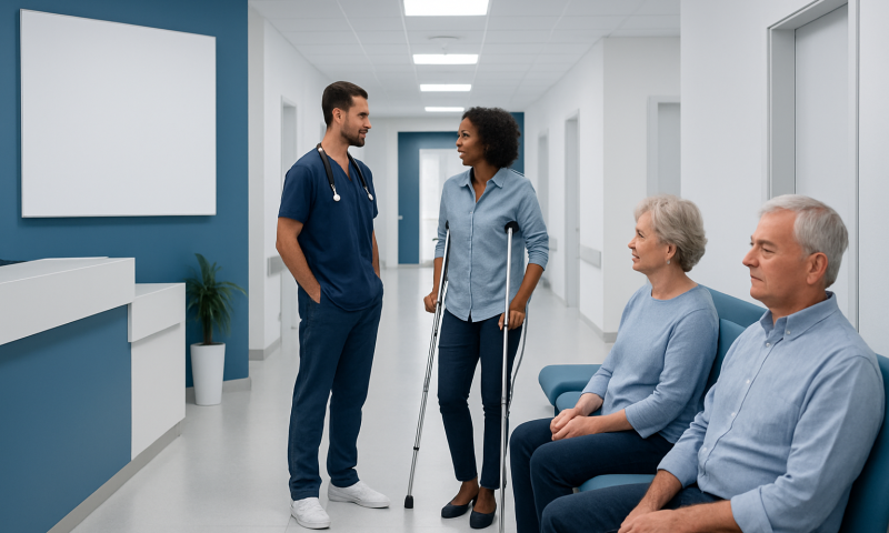 Joint Double: What Patients Need to Know 5 Healthcare professionals consulting with elderly patients in hospital corridor.