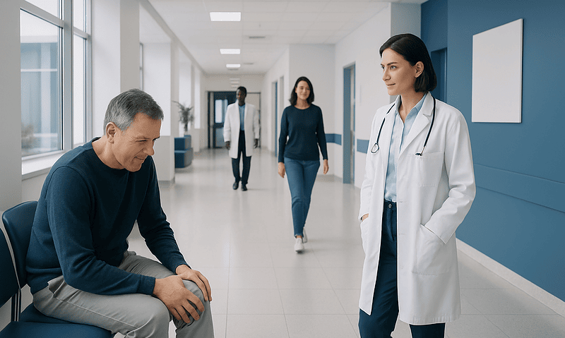 Doctor consulting with a patient in a hospital corridor.
