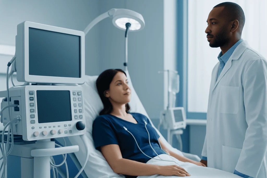 Doctor consulting female patient in hospital room with medical equipment.
