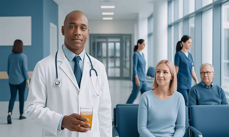 Doctor holding a glass of orange juice in a hospital corridor.