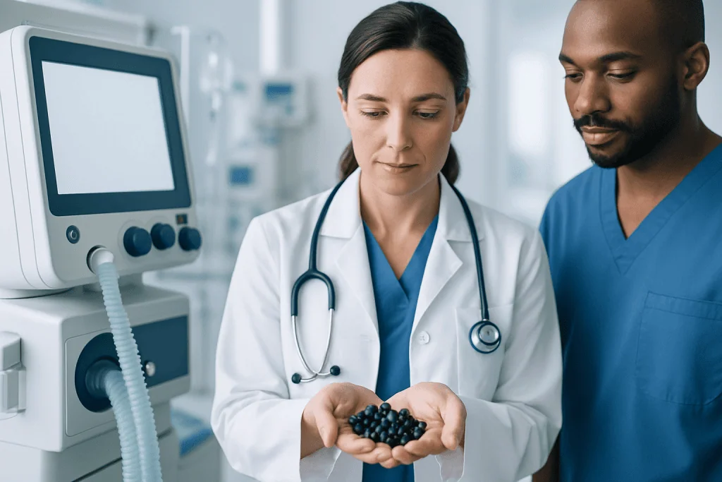 Medical professionals examining juniper berries in a clinical setting.