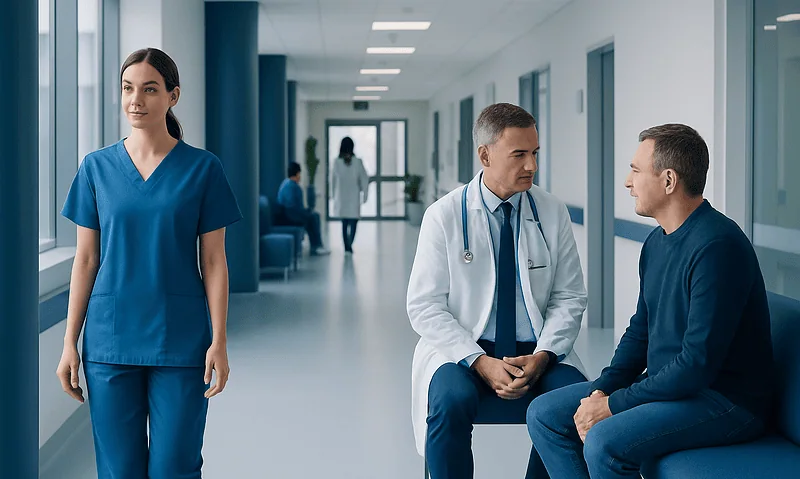 Medical consultation in a modern hospital corridor with healthcare professionals.