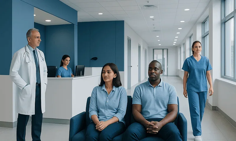 Medical consultation in a modern hospital corridor with diverse staff and patients.