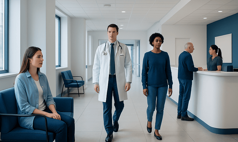 Medical staff and patients in a modern hospital waiting area.