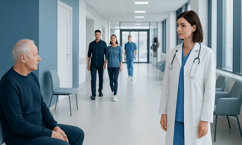 Doctor speaking with elderly patient in hospital corridor.