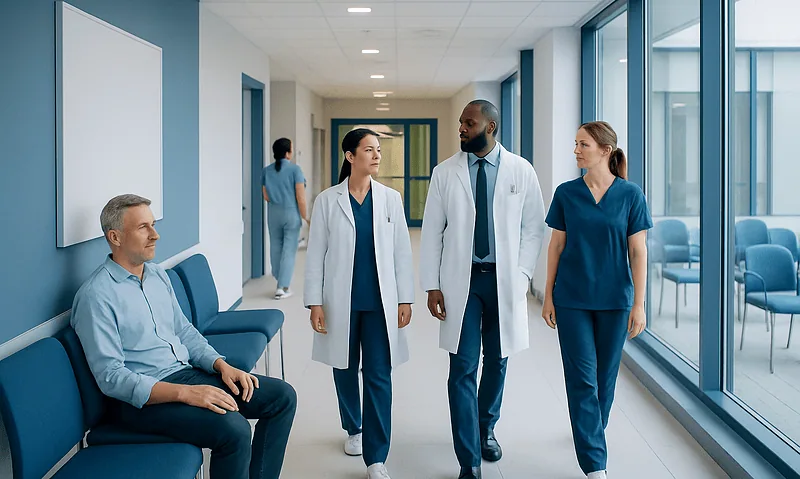 Medical professionals and a patient in a hospital corridor at Acibadem Hospitals Group.
