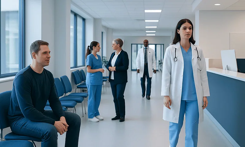 Medical staff and patients in a modern hospital corridor.