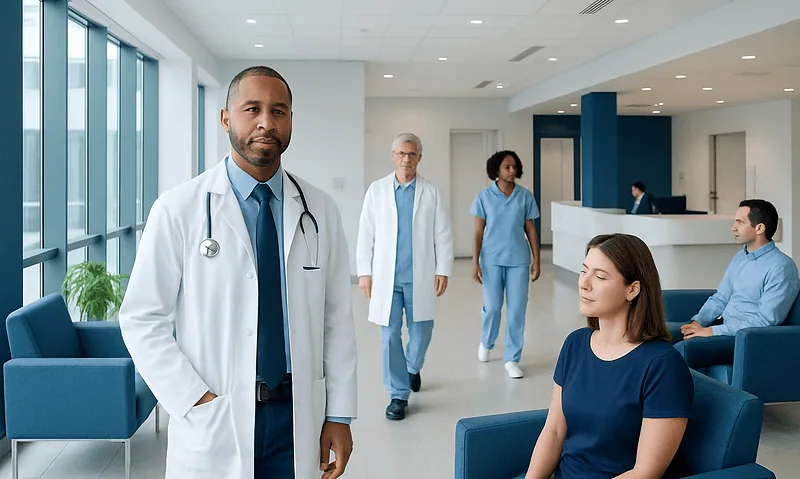 Medical team in hospital lobby with patient and staff members.