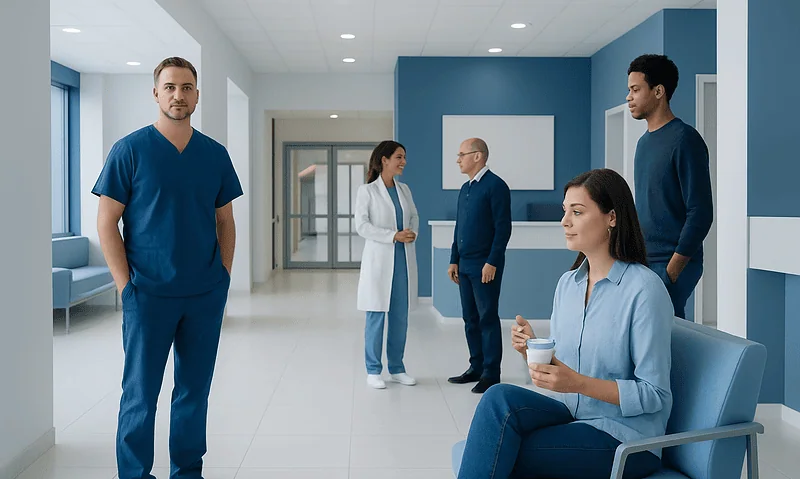 Medical staff and patients in a modern hospital corridor.