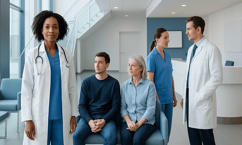 Diverse medical team consulting with patients in hospital lobby.