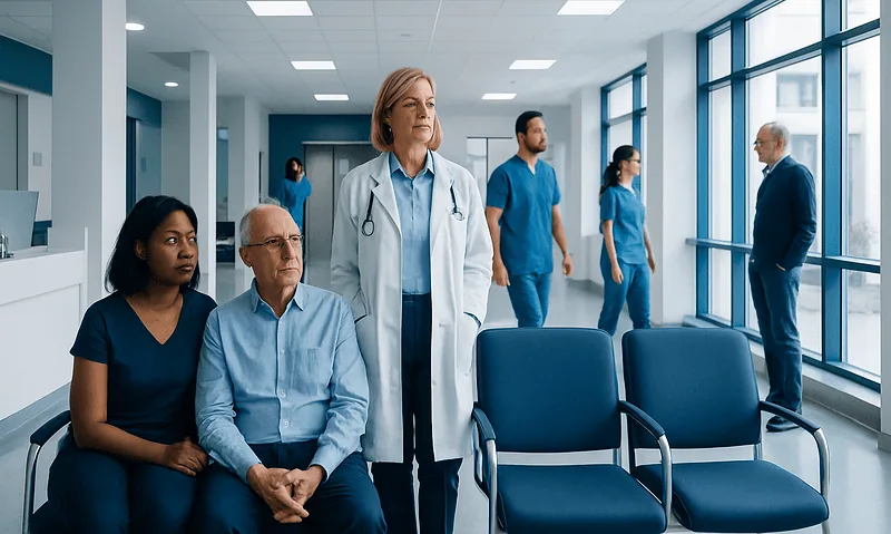 Medical team and patients in a hospital corridor with large windows.