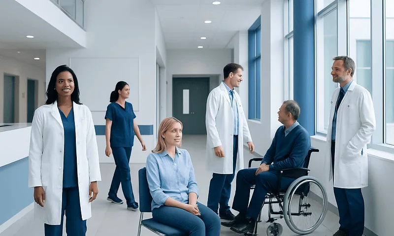 Medical team consulting with a patient in a hospital corridor.
