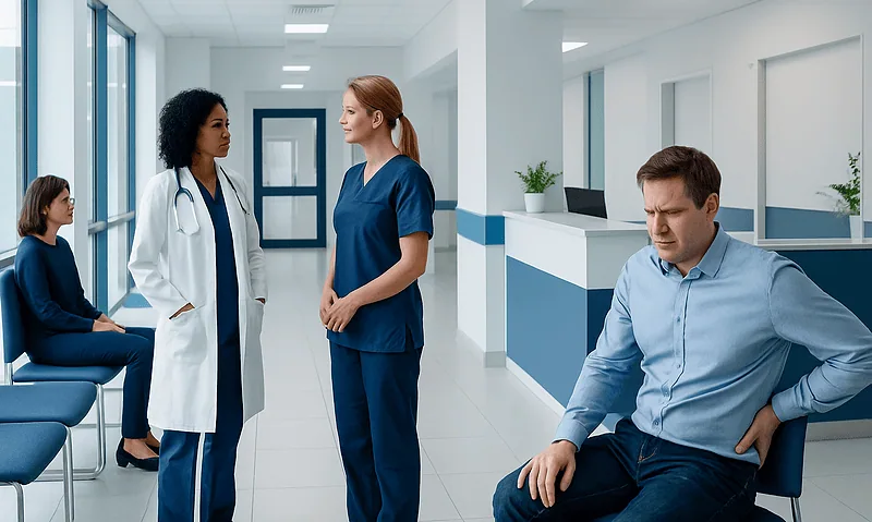 Patient experiencing kidney pain in a hospital corridor with medical staff nearby.