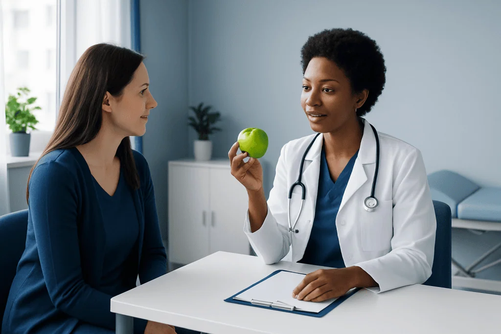 Doctor discussing health benefits of apples with patient in clinic.