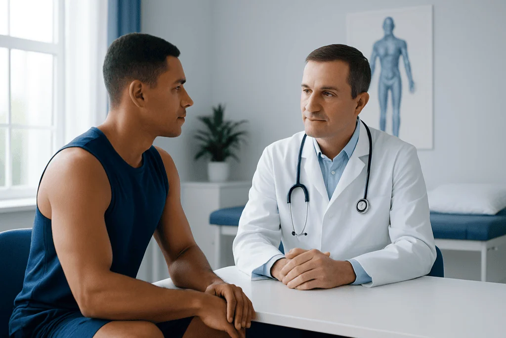 Doctor consulting with a young male patient in a medical office.