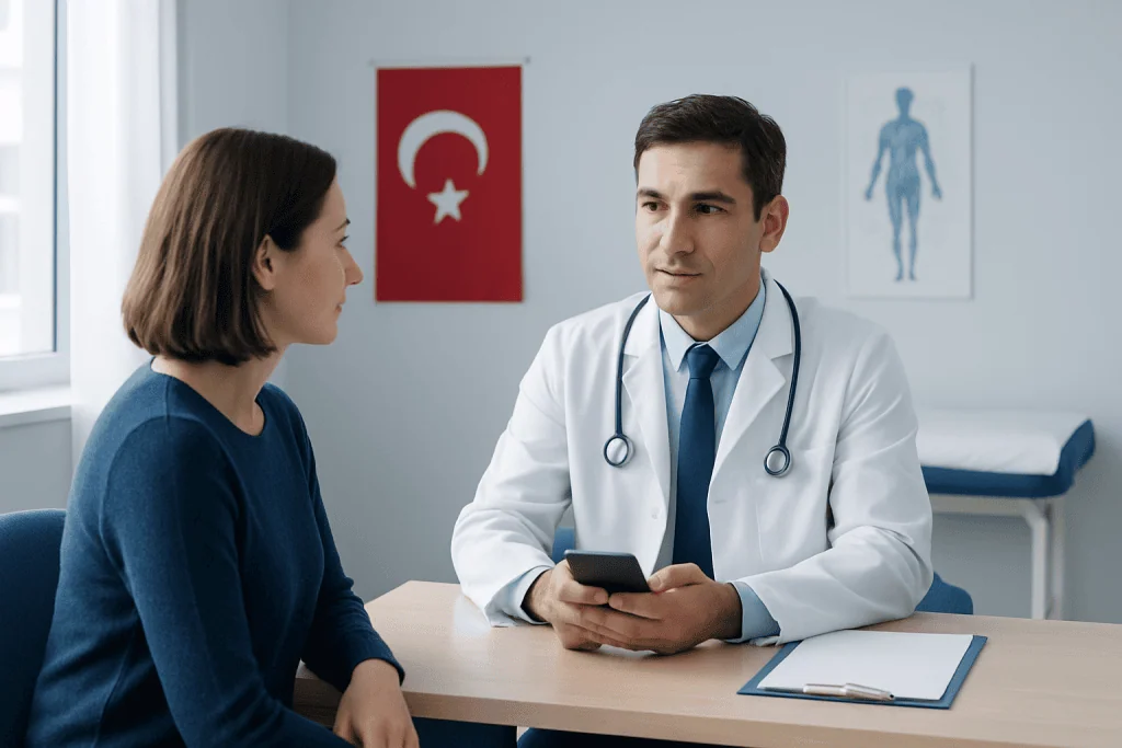 Doctor consulting with a patient in a medical office in Turkey.
