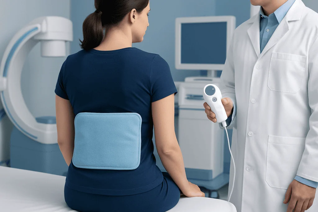 Patient undergoing back pain assessment with medical device at Acibadem Hospital.