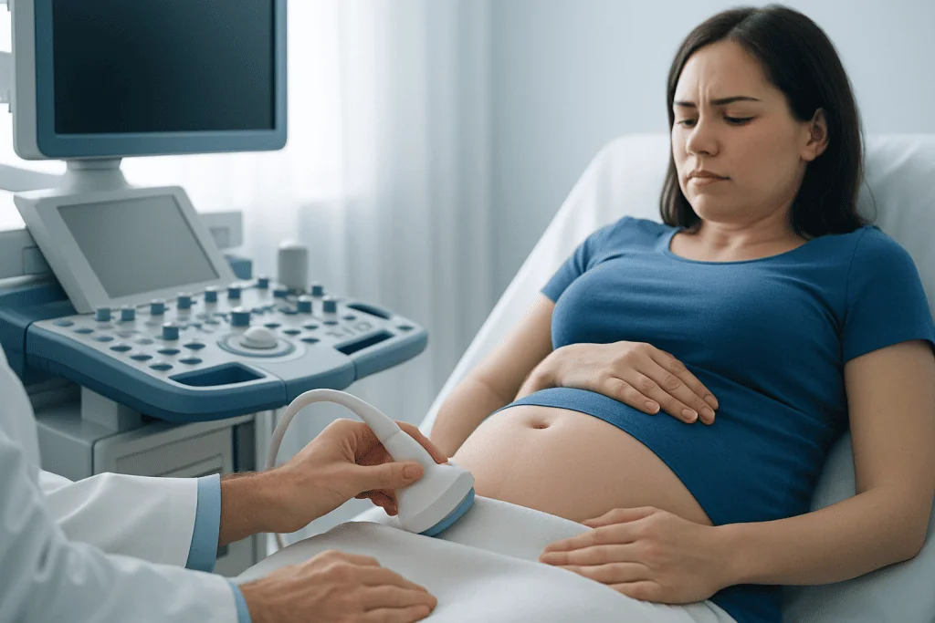Pregnant woman undergoing ultrasound examination at hospital.