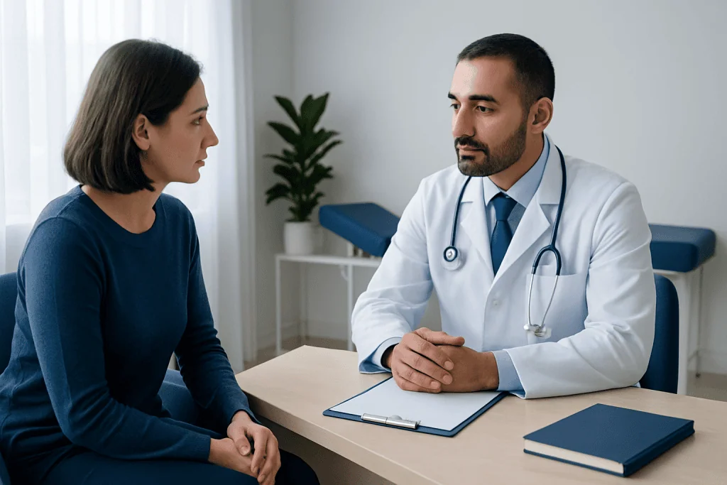 Doctor consulting with a female patient in a modern clinic setting.