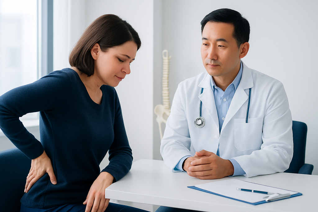 Doctor consulting with a woman about back pain in a medical office.