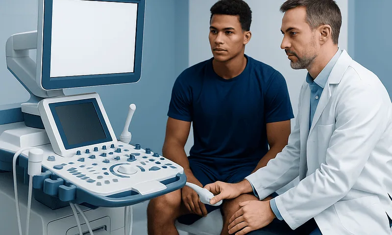 Doctor performing an ultrasound exam on a young male patient in a medical clinic.