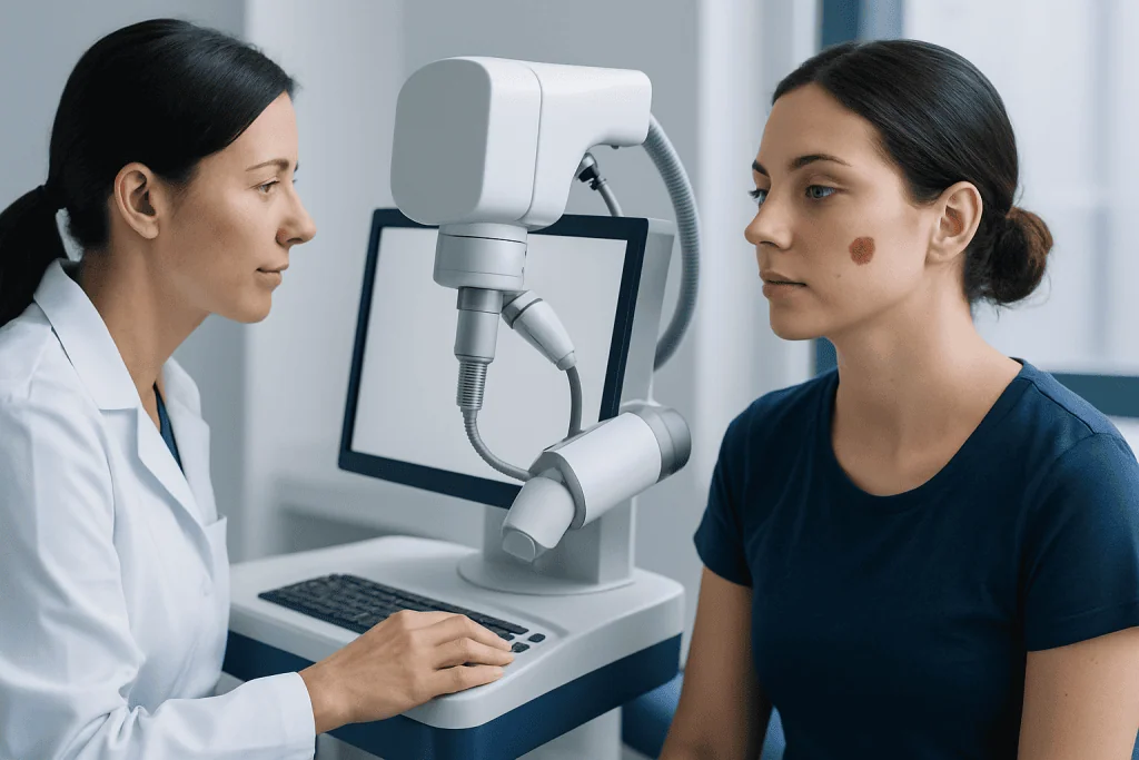 Dermatologist examines a woman with skin spots using a medical device.