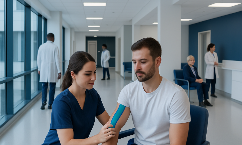 Medical professional applying kinesiology tape to patient's arm in hospital setting.