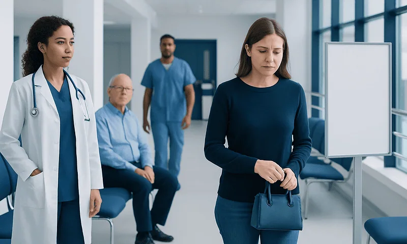 Woman waiting in hospital corridor with medical staff and patient.