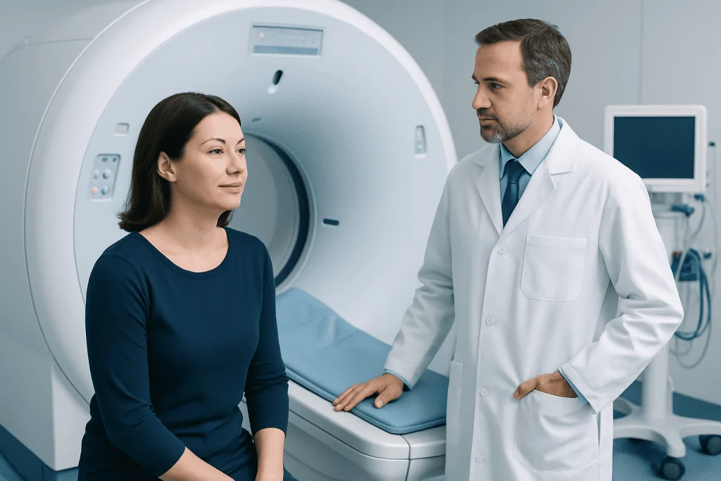 Patient and doctor in MRI scan room at Acibadem Hospital.