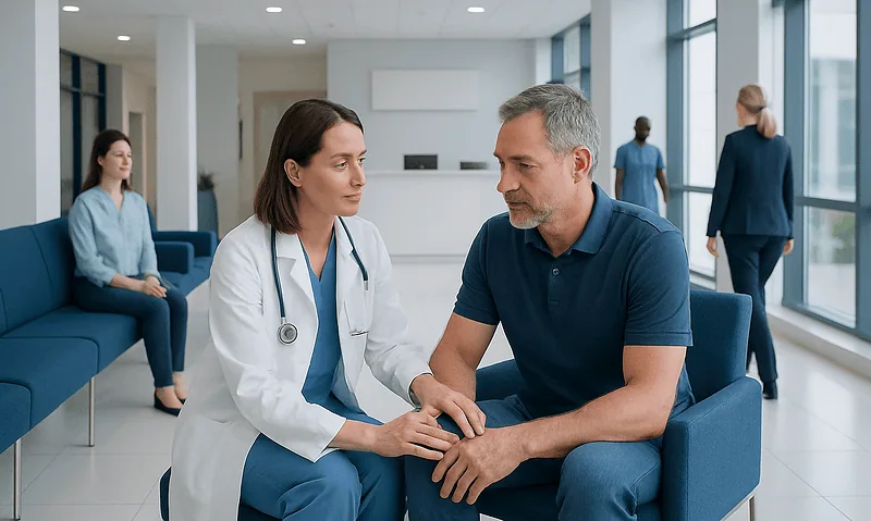 Doctor consulting with a patient in a modern hospital waiting area.